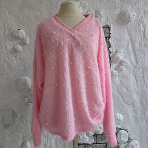 Shall We Pink Eyelash Knit Pearl Embellished V-Neck Sweater XL Girly Barbiecore